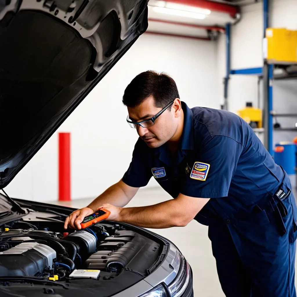 Mechanic diagnosing engine problem